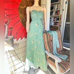 Strapless Mint Green Floral Formal Long Dress w Matching Scarf
